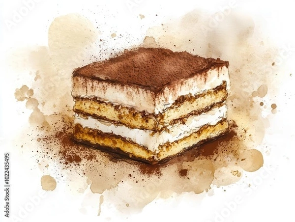 Obraz A delicate slice of tiramisu with layers of creamy mascarpone and cocoa powder, surrounded by soft watercolor brushstrokes in warm shades of beige and brown