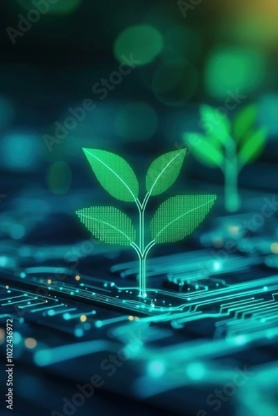 Fototapeta Green plant emerging from a digital keyboard, symbolizing technology and nature.