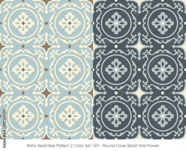 Fototapeta Retro Seamless Pattern 2 Color Set_169 Round Cross Spiral Vine Flower