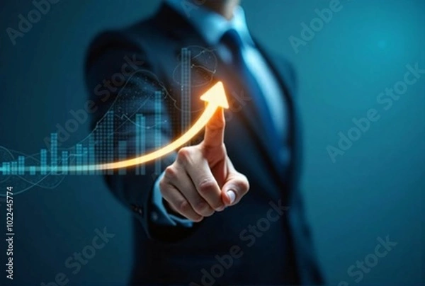 Obraz Business Growth and Success Concept: Businessman Pointing at Rising Arrow Graph for Future Development
