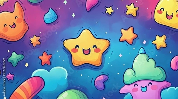 Fototapeta Smiling Cartoon Stars and Shapes in a Galaxy