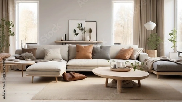 Fototapeta : Contemporary living room in Scandinavian design, highlighting simplicity, natural materials, and an uncluttered, harmonious space.-