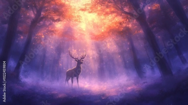 Fototapeta Stag in foggy mystical forest, light beams, vibrant purple-orange sky, fairytale setting full of wonder.