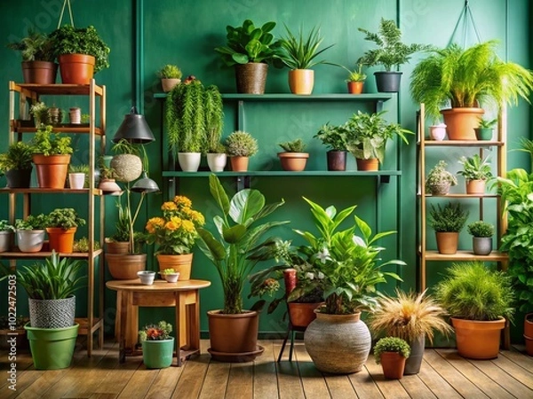 Fototapeta Stylish Home Garden Interior with Lush Plants in Unique Pots - Home Jungle Concept
