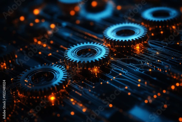 Fototapeta interconnected gears and circuitry symbolizing synergy between technology and business processes