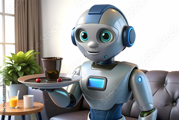 Obraz Macro Image of Futuristic Robot Assistant Serving a Beverage in Cozy Living Room - Advanced Technology Providing Convenience and Comfort at Home in Photo Stock Concept