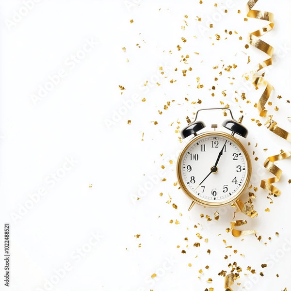Fototapeta A vintage gold clock strikes midnight, beautifully showcasing "2025" as the centerpiece. Surrounding it are festive decorations, symbolizing celebration, joy, and new beginnings for the New Year.