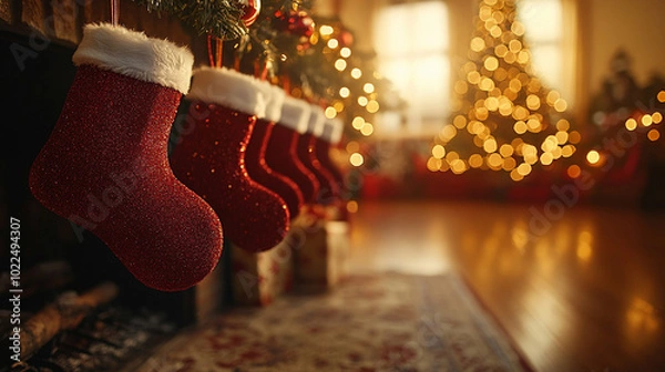 Fototapeta cozy fireplace adorned with empty Christmas stockings, symbolizing anticipation and the spirit of giving during the festive season, inviting warmth and joy into the holiday atmosphere