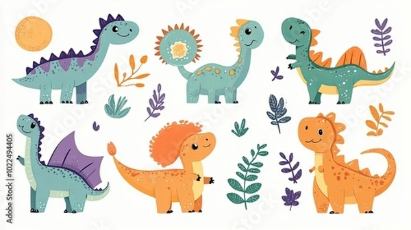 Fototapeta A Group of Colorful Cartoon Dinosaurs with Leaves