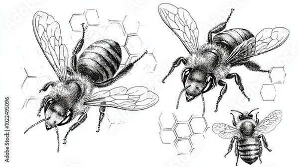 Obraz Three Detailed Bees with Honeycomb Patterns