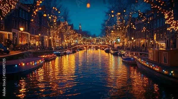 Fototapeta A stunning view of Amsterdam’s canals during the Light Festival at night, vibrant light installations glowing along the water’s edge, colorful reflections glistening on the calm canal.