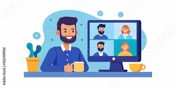 Fototapeta A Man Smiling During a Lively Video Call with Colleagues at His Kitchen Table, Enjoying Remote Collaboration from Home - Candid Stock Photo