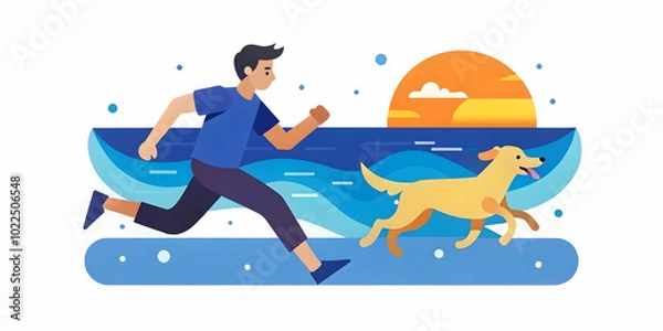 Fototapeta Candid Moment of Joy: Dog and Owner Playfully Running on the Beach, Celebrating Freedom in Nature - Heartwarming Bond Captured in Photo Stock