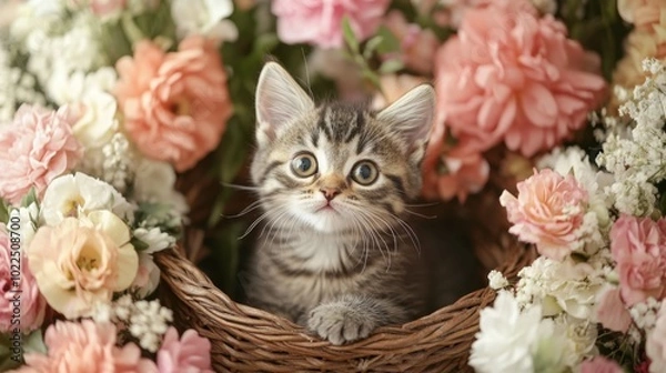 Fototapeta A kitten sitting in a basket surrounded by flowers, looking curiously at the camera with wide, innocent eyes.