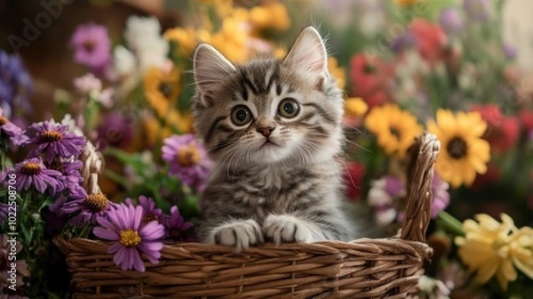 Fototapeta A kitten sitting in a basket surrounded by flowers, looking curiously at the camera with wide, innocent eyes.