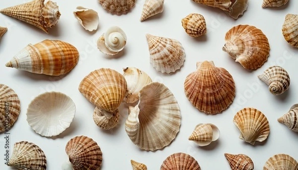 Fototapeta Seashells of various shapes and sizes arranged on a beige background 8
