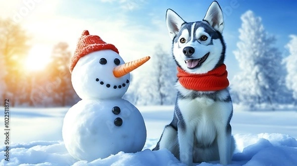 Fototapeta A happy dog sitting beside a snowman in a snow-covered park, with both the dog and snowman looking towards the camera. The snowman has a red scarf and a carrot nose, while the dog, a husky,