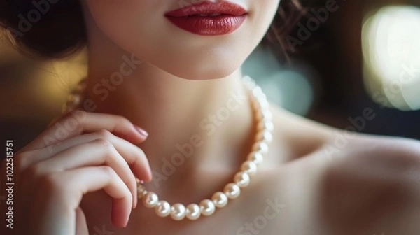 Obraz A woman holding a pearl necklace, about to put it on before attending a glamorous event.