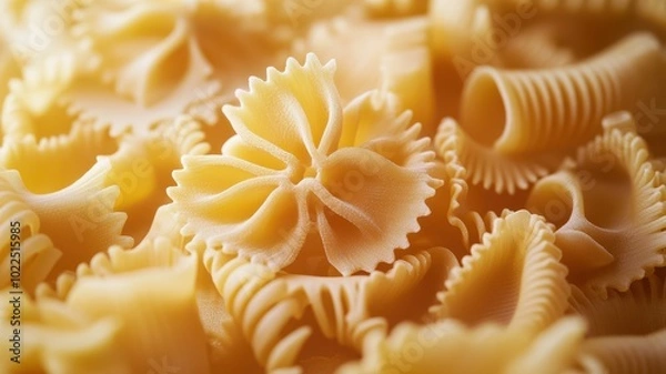 Fototapeta Close-up of various shapes of uncooked pasta, featuring intricate designs and textures. Perfect for culinary or cooking-themed projects.