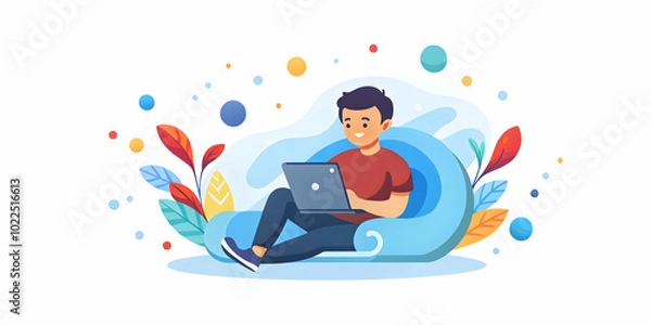 Fototapeta Relaxing Person Using Tablet Surrounded by Soft Abstract Shapes and Colors: A Peaceful Workspace for Flexible Work from Home in Creative Setting