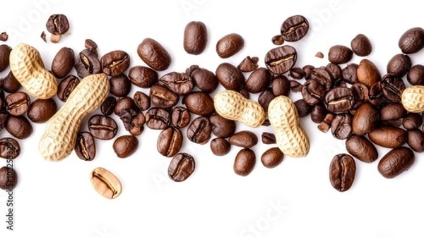Fototapeta A mix of peanuts and coffee beans arranged decoratively on a white background.