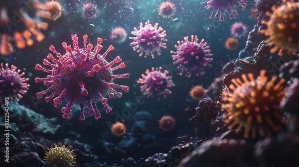 Fototapeta Colorful, detailed viruses floating in a dark, abstract space, captured at a microscopic level
