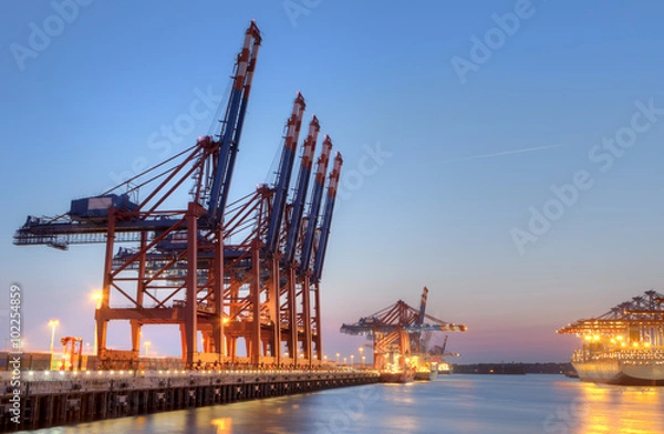 Fototapeta Pusty terminal kontenerowy w Hamburgu, Niemcy. Nocny strzał.