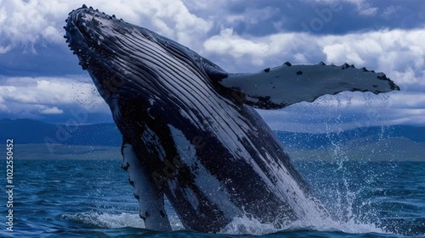 Obraz Majestic humpback whale breaching in ocean spectacular display.