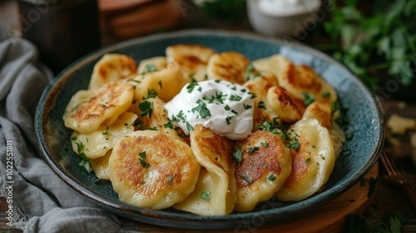Fototapeta A plate of golden brown pierogies topped with sour cream and fresh parsley.