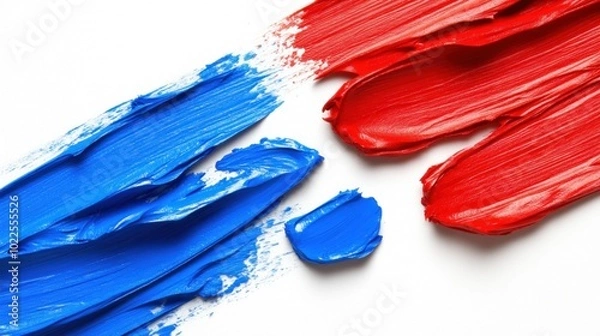 Fototapeta Abstract paint strokes in red and blue on a white background.