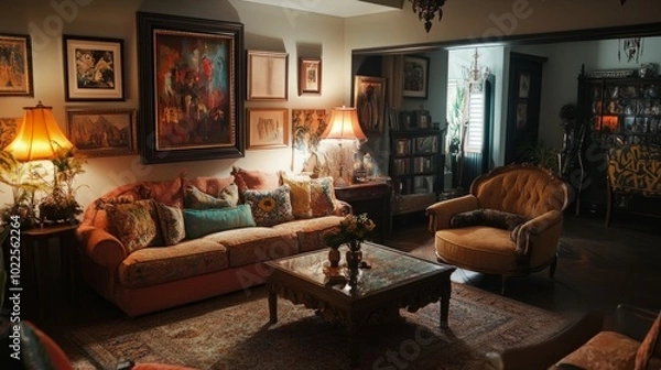 Fototapeta A living room featuring a mix of modern and vintage European decor, with plush sofas, a coffee table, and artistic accents.