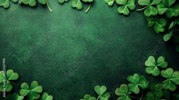 Fototapeta Shamrock Celebration, vibrant green backdrop adorned with shamrocks, ideal for St. Patrick's Day festivities, offers ample space for personalized messages or greetings.