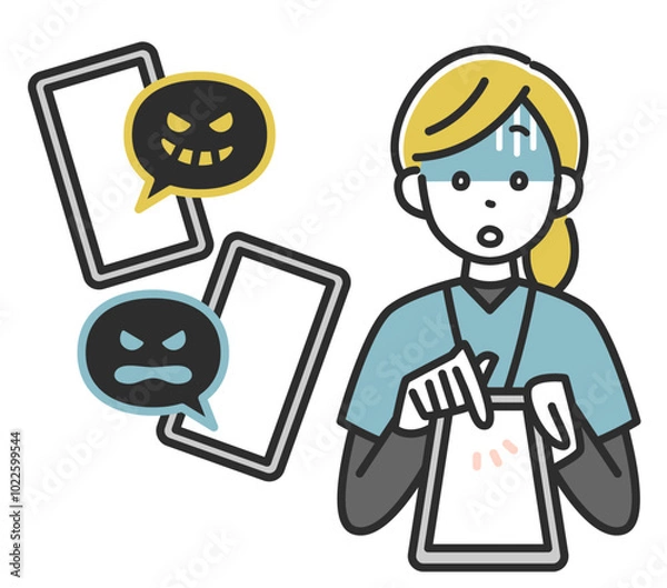 Fototapeta スマートフォンを持って青ざめる女性スタッフのイラスト