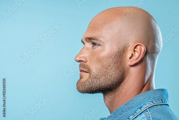 Fototapeta A profile portrait of a bald man with a well-defined jawline and beard, set against a light blue background.
