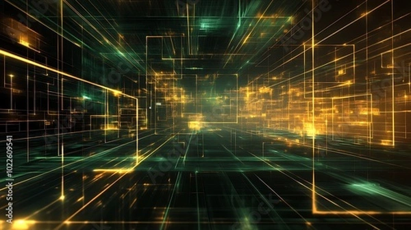 Fototapeta Digital golden and green data related abstract background, graphical design wallpaper