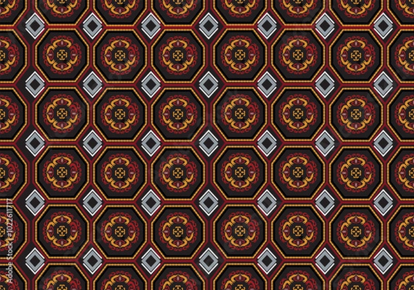 Fototapeta Octagon damask seamless pattern.  Design for textile, fabric, clothing, wallpaper, wrapping, cushion art ornament and decoration.