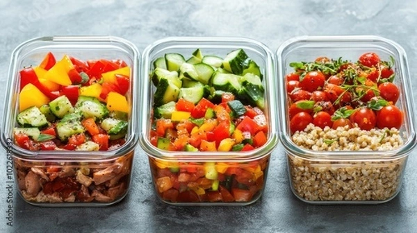 Fototapeta Stylishly arranged meal containers feature nutritious buckwheat, salads, and fresh fruits