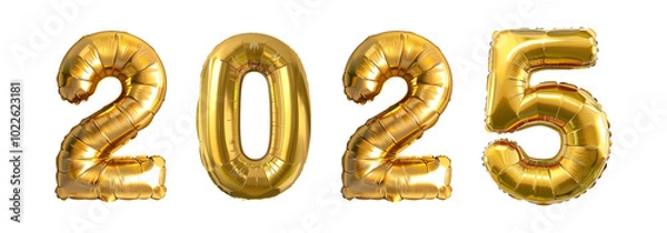 Fototapeta Happy new year 2025 made with gold foil balloon isolated on transparent background