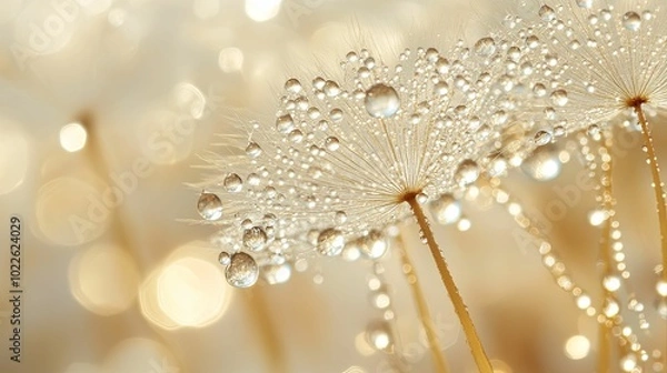 Obraz Dew-Covered Dandelion Seeds with Golden Bokeh Background