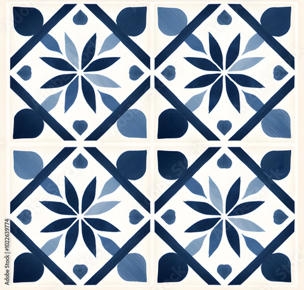 Fototapeta Vintage Blue geometric pattern design with ornamental element. Traditional Portuguese azulejo motifs.