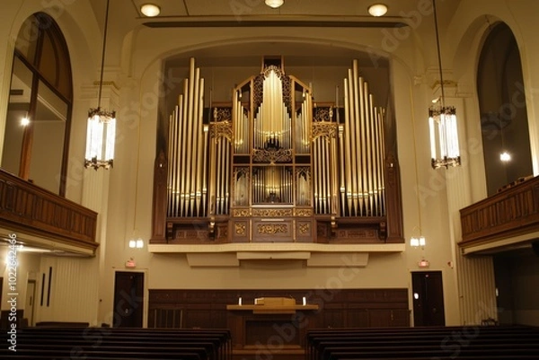 Fototapeta Majestic organ fills the serene church space with intricate craftsmanship and soft lighting