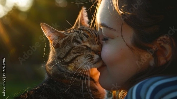 Fototapeta Visualize a loving cat giving a gentle headbutt to its owner's cheek, showing affection with a serene and happy demeanor.