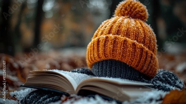 Fototapeta Cozy Winter Scene with Knitted Hat and Open Book