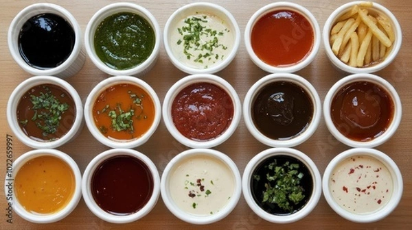 Fototapeta Varied Sauces and Dips in Small Containers