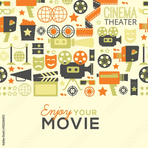 Fototapeta Horizontal seamless background with cinema decorative design elements. Cinema theatre illustration for web, flyers, print design.
