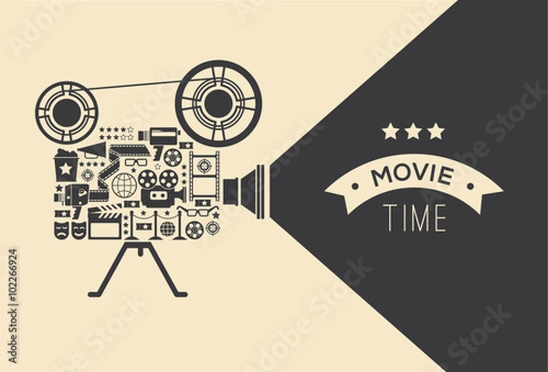Fototapeta Composition with cinema decorative design elements. Cinema projector illustration for web, flyers, print design.