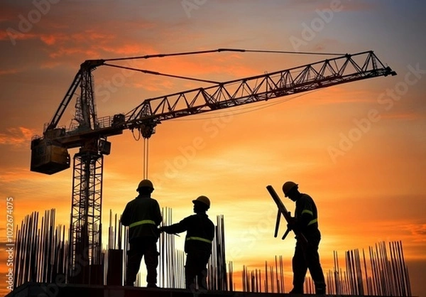 Fototapeta Silhouettes of construction workers at a site during sunset with excavator and crane in the background, building structure under golden hour light.