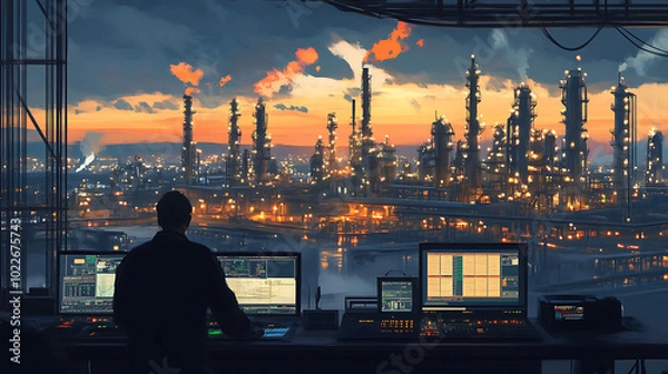 Obraz A man sits in a control room overlooking a large industrial complex at sunset.