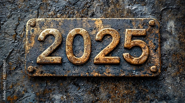 Fototapeta The year 2025 is embossed on a rusty metal plate.
