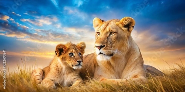 Fototapeta Adorable Lion Cub with Lioness in Natural Habitat - Wildlife Photography